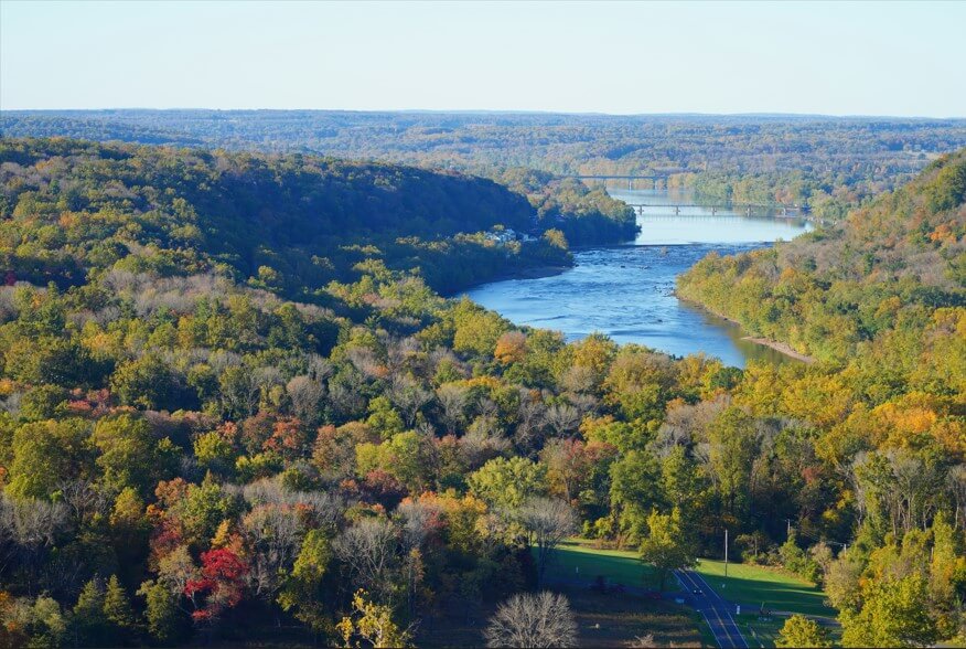 View of the Delaware River between Bucks County, Pennsylvania, and Hunterdon County, New Jersey, seen from the Bowman’s Hill Tower during foliage season.